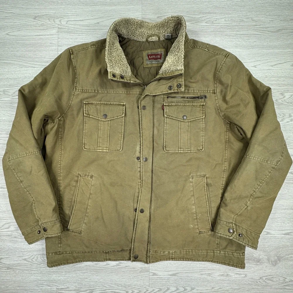 Levi's Men's Sherpa Collar Canvas Field Jacket Khaki XXL Quilted Lined Workwear